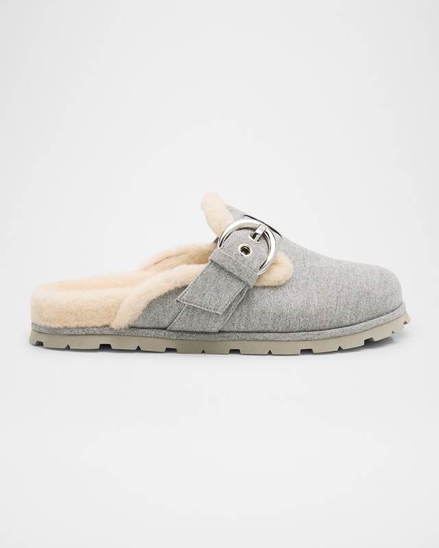 Chrystie Shearling-Lined Flannel Mules